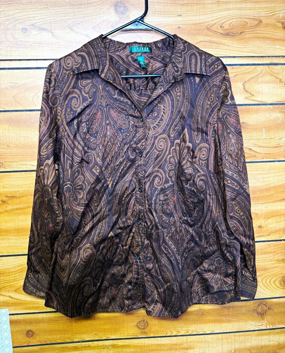 Lauren Ralph Lauren Womens Brown Paisley Collared Button-Front Cotton 1X Plus